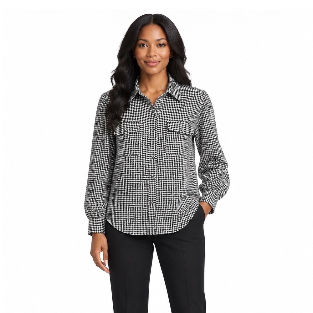 Zara Black White Houndstooth Button Down Shirt Puffed Shoulder L Career 113-08